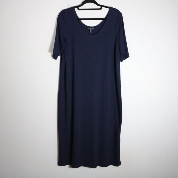 Eileen Fisher Jersey Midi Dress Womens Large Navy Blue Lagenlook Boho Stretch - Picture 1 of 6